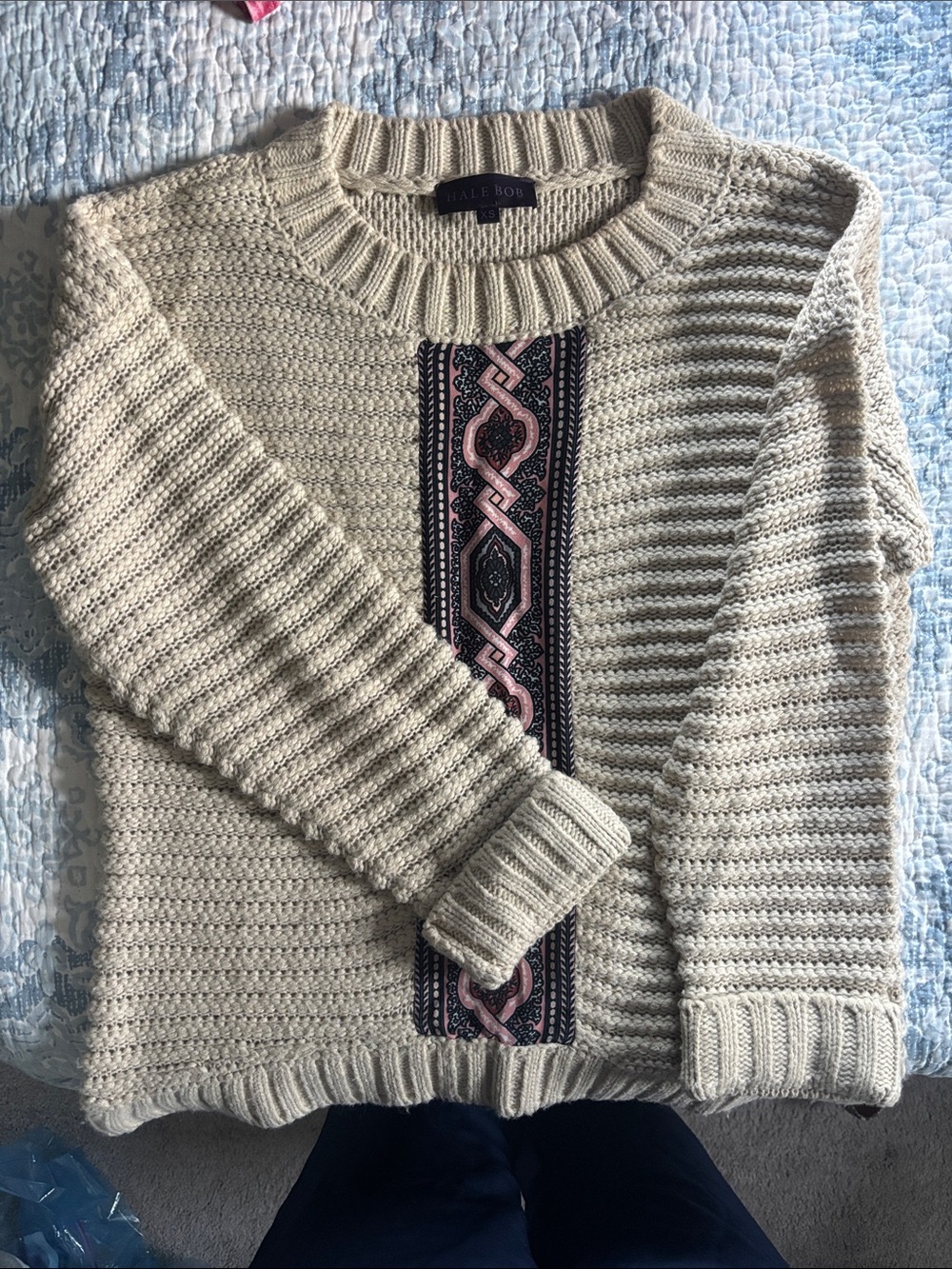 Hale Bob Cream Knit Crew Sweater with Pink & Black Center Panel